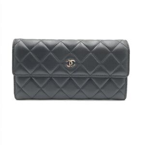 Chanel  Lambskin Quilted Long Flap Wallet Black with Silver Hardware